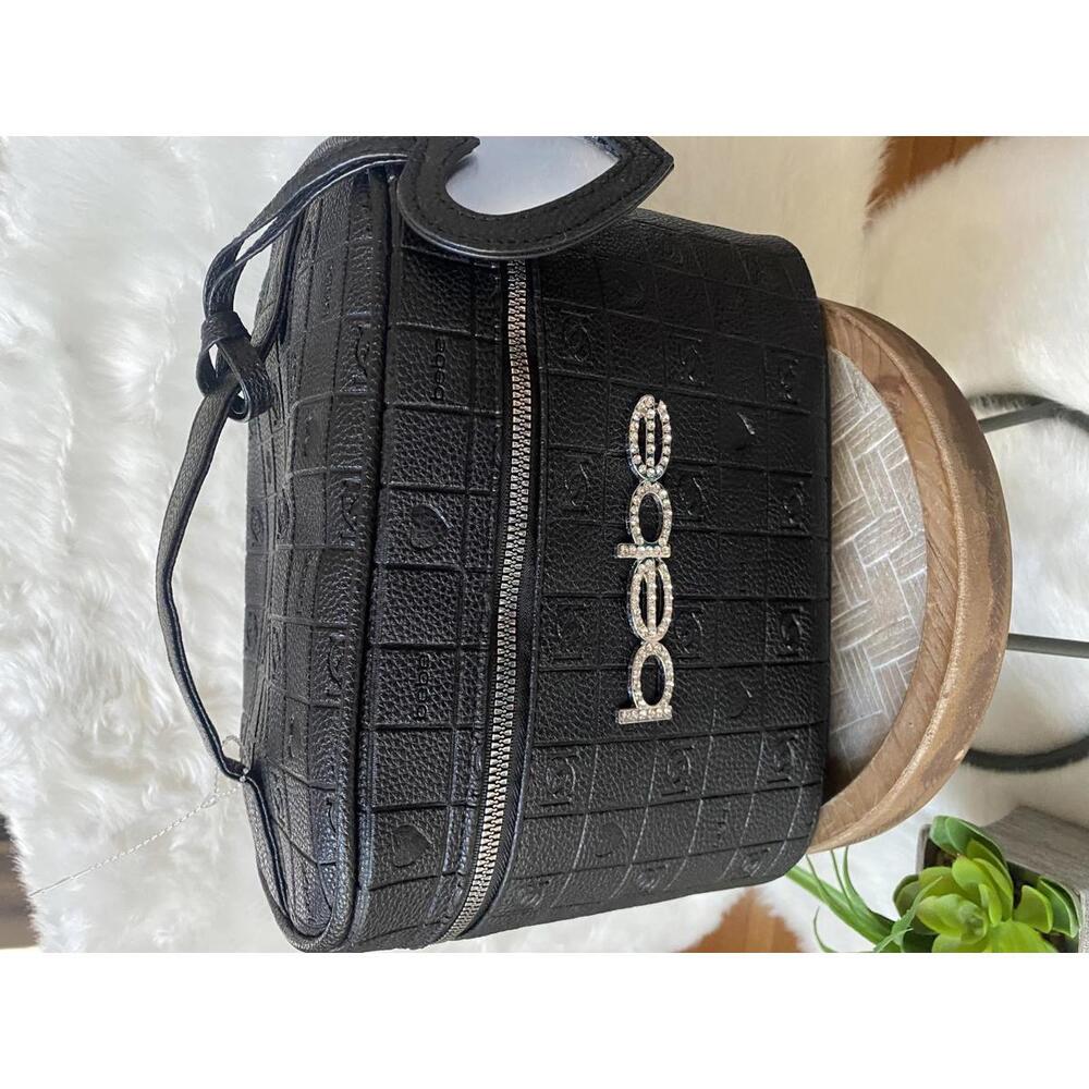 bebe Black Textured Cosmetic Bag with Heart Charm